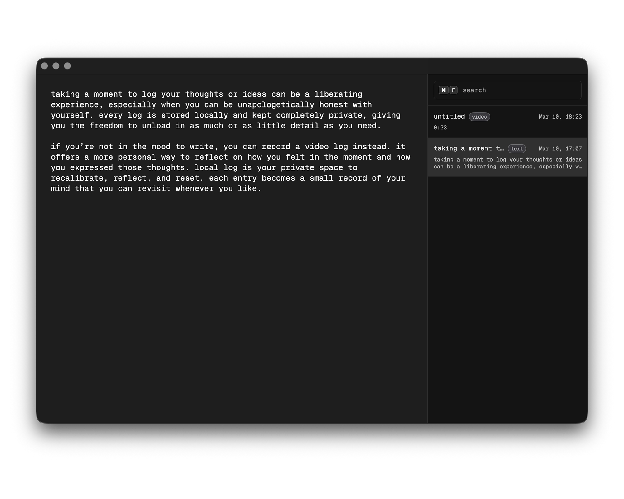 local log app with entry in dark mode