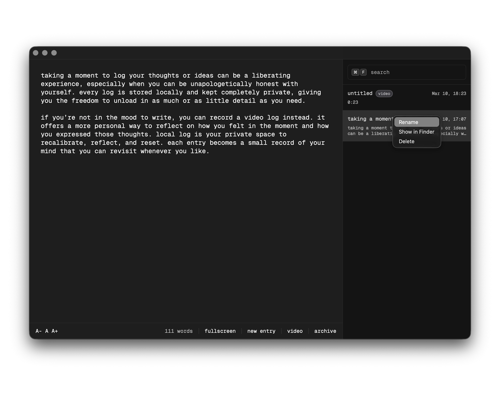 local log app show entry options in sidebar